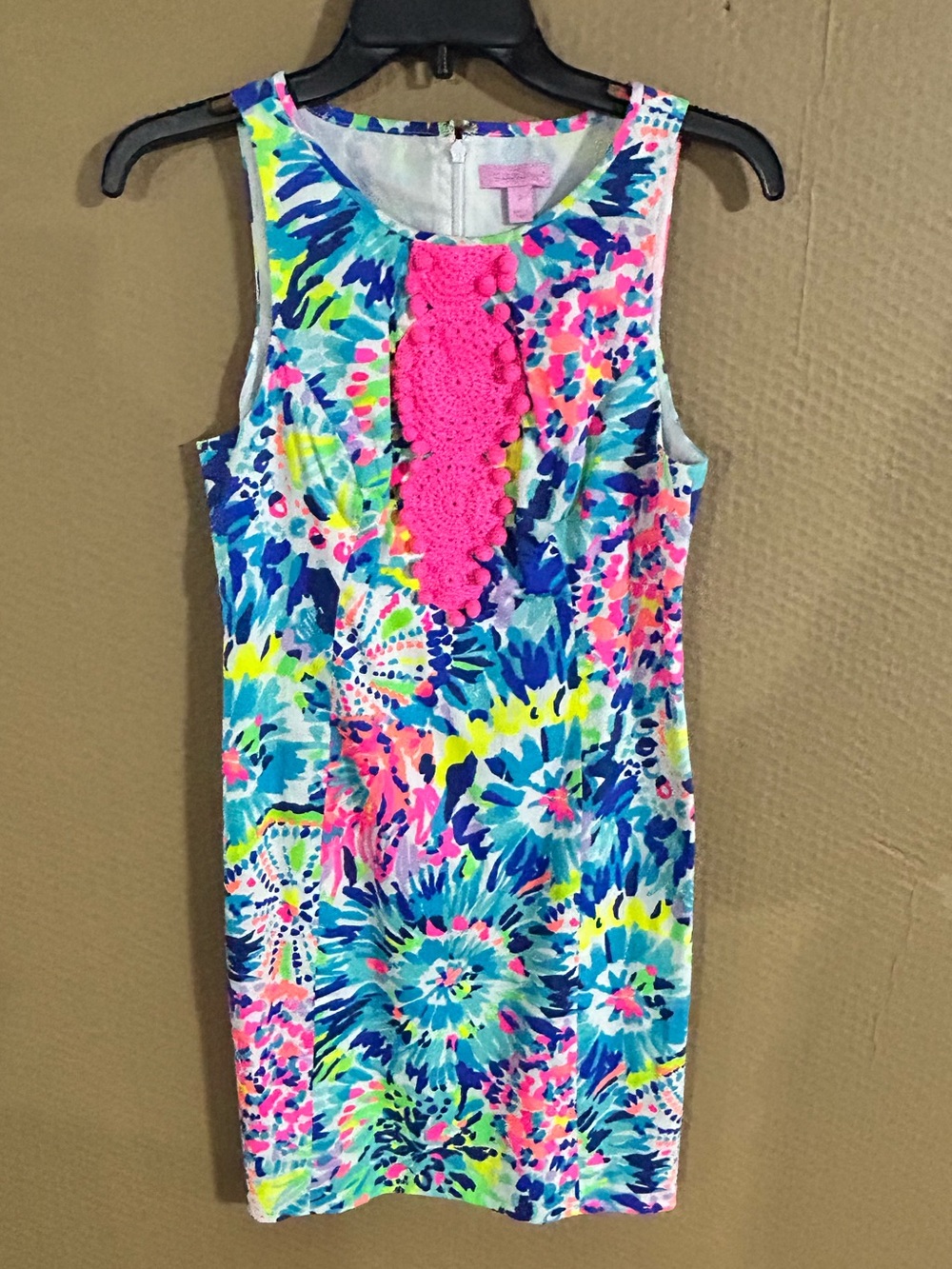 Lilly Pulitzer Bright Multicolor Floral-Print Dress with Hot Pink Crochet